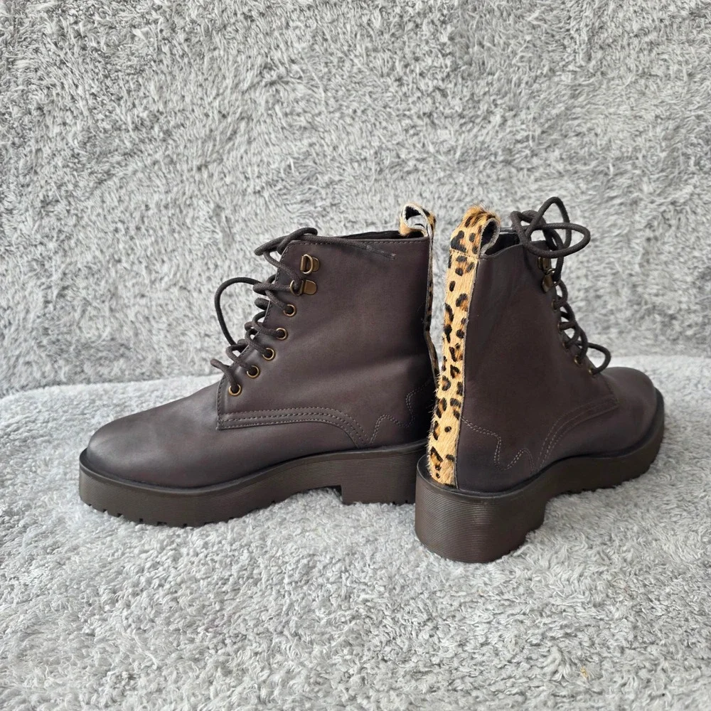 Celebrity‎ Flat Combat Lace Up Ankle Boots Brown Leopard Calf Hair Size 8 NEW
